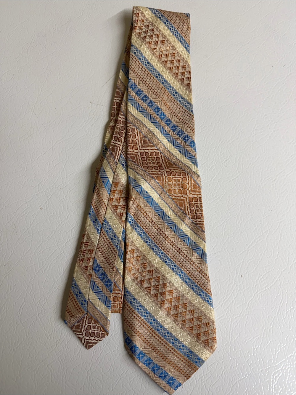 Rhodia Vintage Multi-Stripe Geometric Tie in Blue and Tan